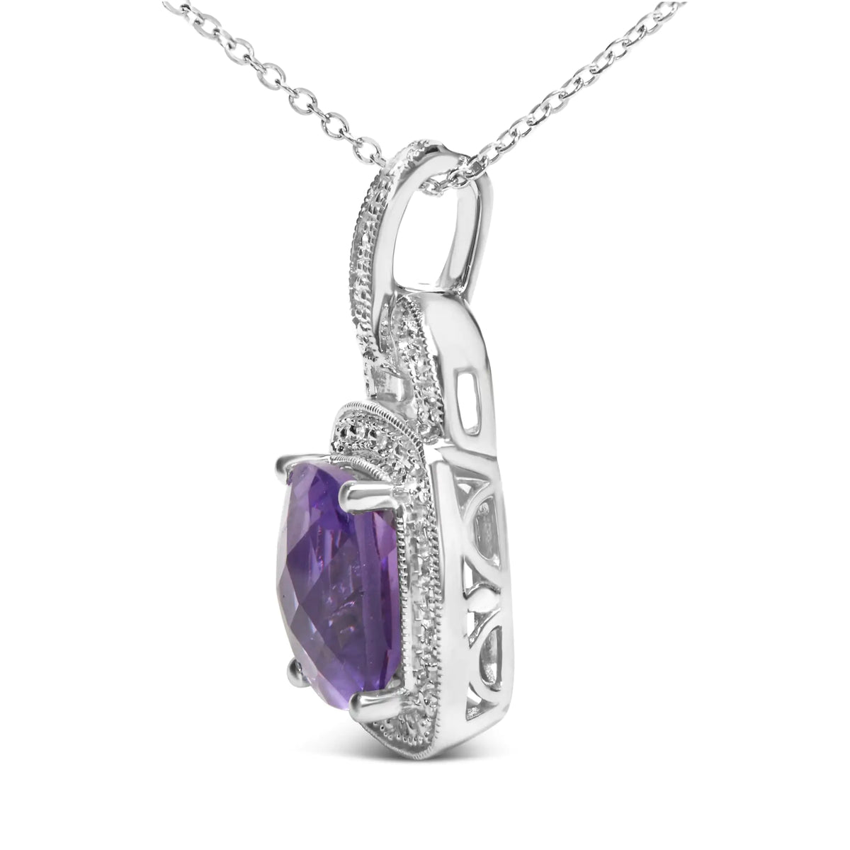 Collar con colgante de amatista morada y halo de diamantes de 18" en plata de ley 925 de 10 x 10 mm (color IJ, claridad I1-I2)