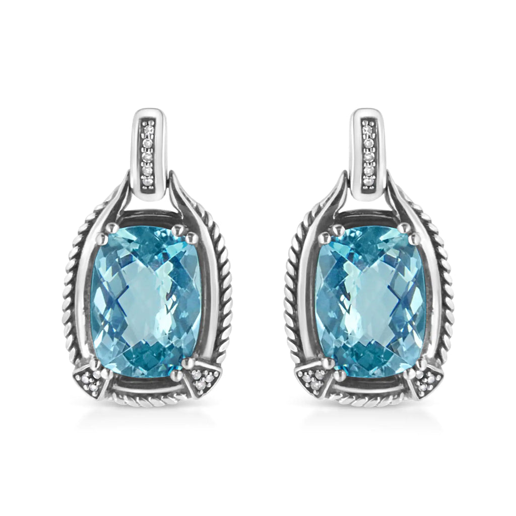 Aros colgantes con topacio azul de talla cojín de 14 x 10 mm y detalle de diamante en plata de ley 925 (color IJ, claridad I1-I2)