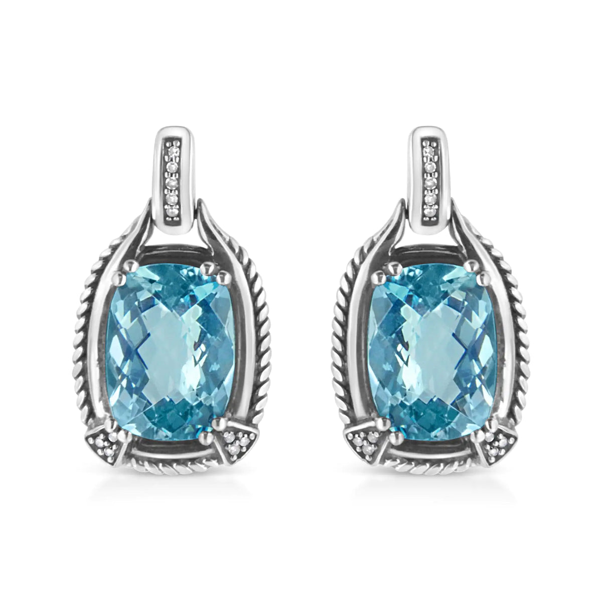 Aros colgantes con topacio azul de talla cojín de 14 x 10 mm y detalle de diamante en plata de ley 925 (color IJ, claridad I1-I2)