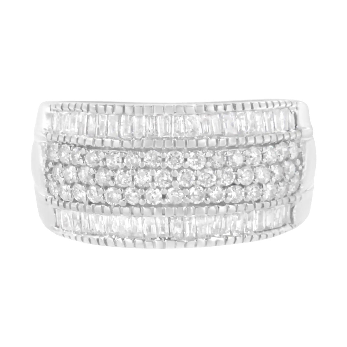 Anillo de banda moderna con diamantes de talla baguette y redonda de varias filas de 1 ct en plata esterlina 925 (claridad I2-I3, color HI)