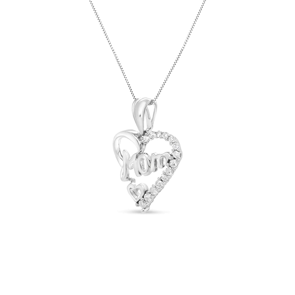 Collier avec pendentif en forme de cœur ajouré « Mom » en argent sterling 925 avec diamant rond 1/4 ct, 45,7 cm (couleur IJ, clarté I2-I3)