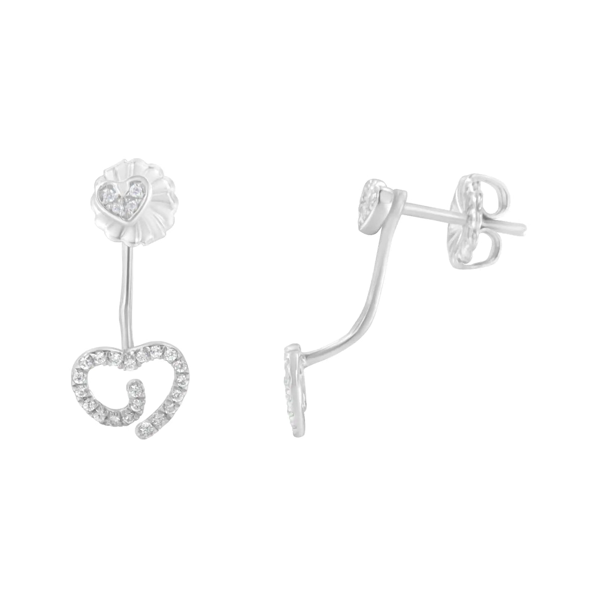 Pendientes de plata de ley 925 con forma de corazón con diamantes de 1/4 ct y remolino en la parte delantera y trasera (color IJ, claridad I2-I3)
