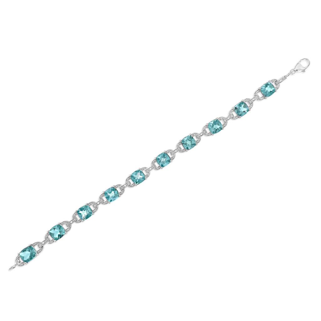 Bracelet de tennis tendance en argent sterling 925 avec topaze bleue taille coussin 7 x 7 mm et diamant taille ronde 1/20 ct (couleur IJ, pureté I1-I2) - 7"