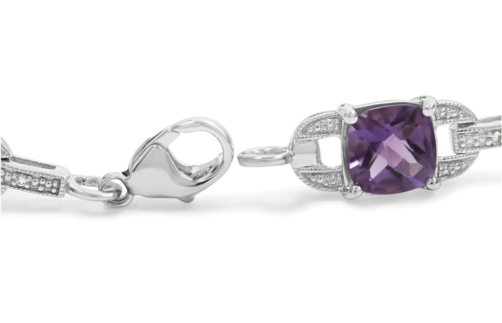 Bracelet à maillons tennis en argent sterling 925 avec améthyste taille coussin de 7 mm et diamant (couleur IJ, clarté I1-I2) - Taille 7"