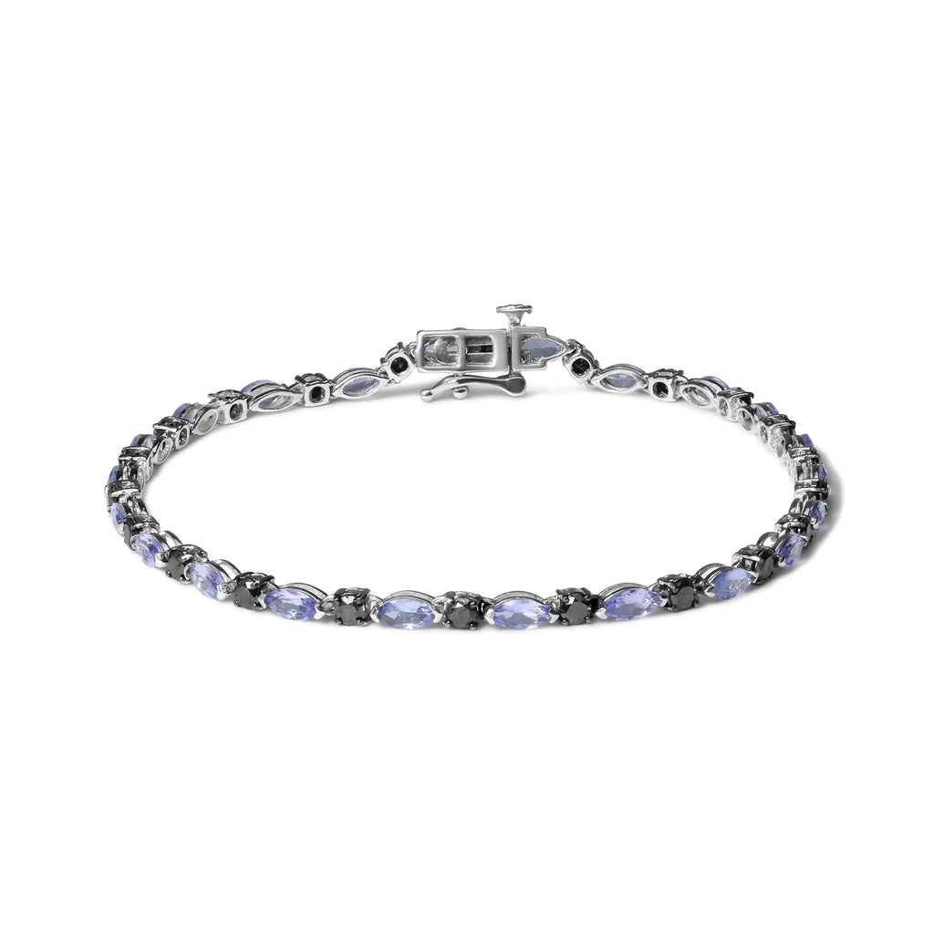 Pulsera de eslabones de tanzanita azul y diamantes negros de 1 1/2 ct en plata esterlina 925 (claridad I2-I3, color negro) - Tamaño 7,25"