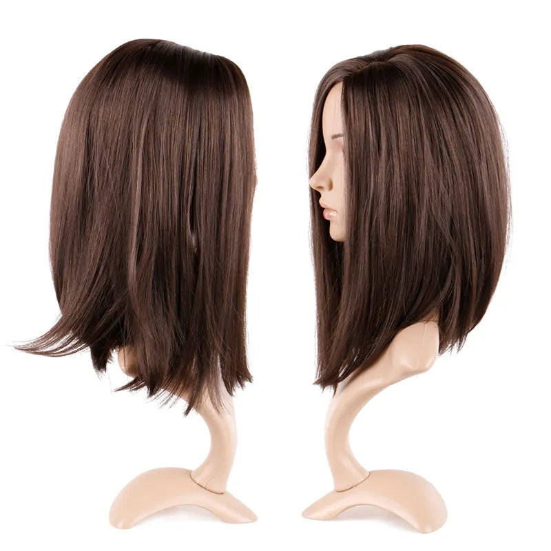 Perruque synthétique brune à mi-longueur et à clavicules lisses