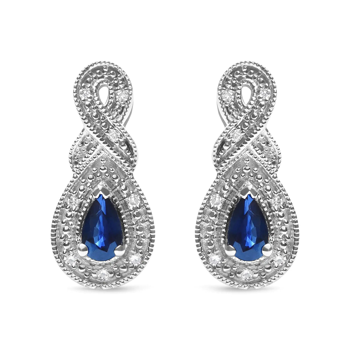 Aros colgantes con forma de infinito con piedra preciosa de zafiro en forma de pera de 4,5 x 3 mm y detalles de diamantes en plata de ley 925 (color HI, claridad SI1-SI2)