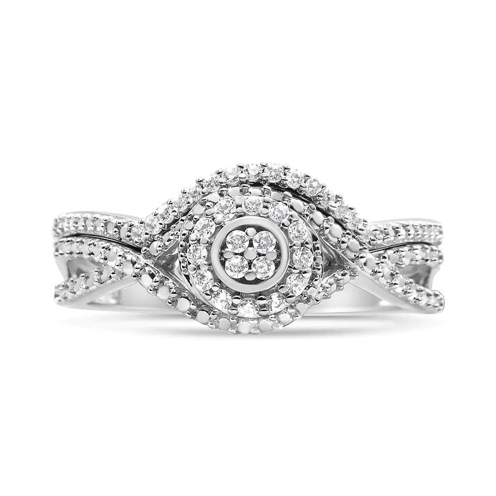 Anillo y banda nupcial con halo compuesto de diamantes de 1/6 quilates y cuerpo dividido en plata esterlina 925 (color IJ, claridad I3)