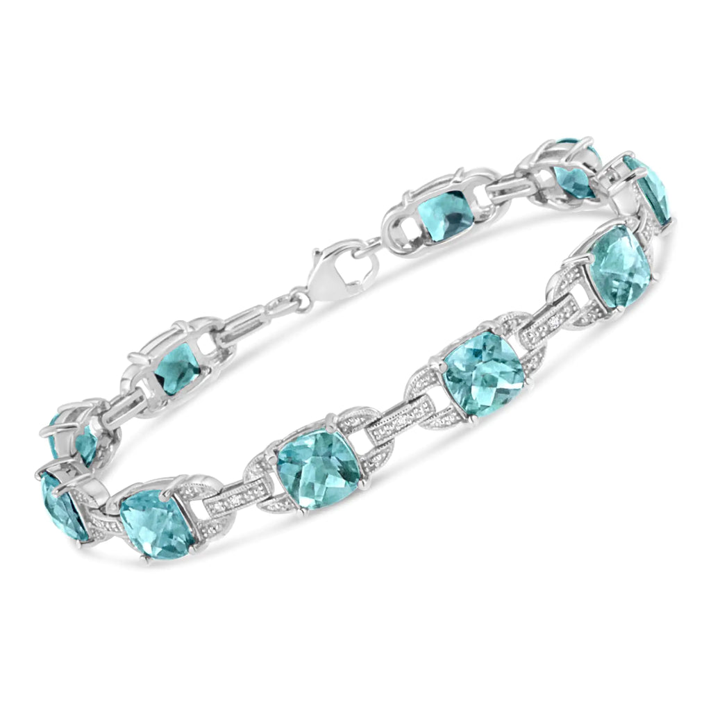 Bracelet de tennis tendance en argent sterling 925 avec topaze bleue taille coussin 7 x 7 mm et diamant taille ronde 1/20 ct (couleur IJ, pureté I1-I2) - 7"