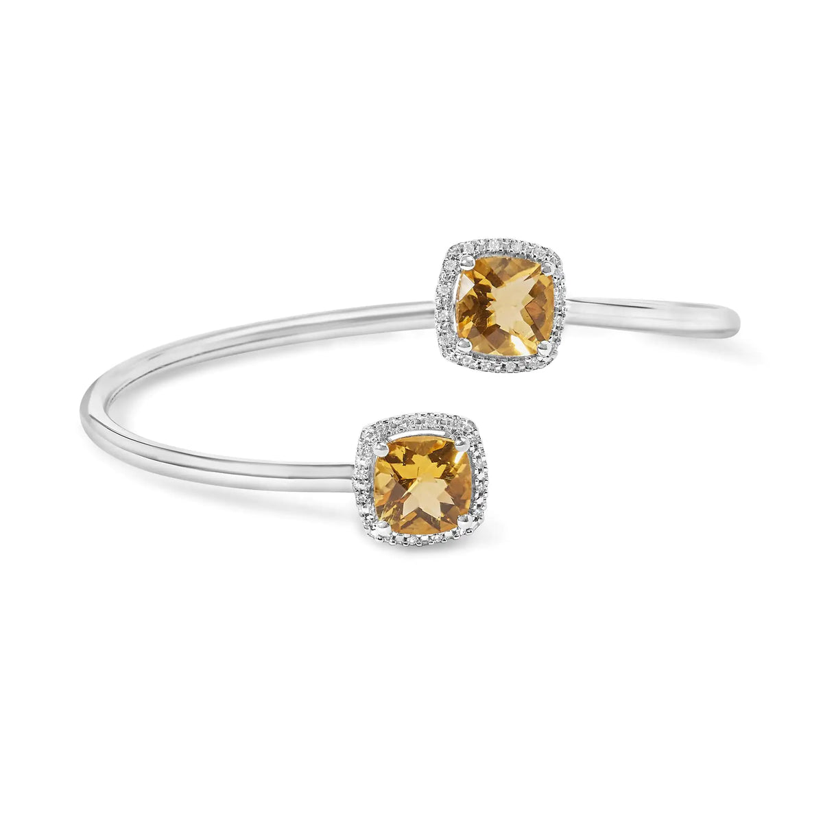 Bracelet jonc fendu en argent sterling 925 de 8 mm avec citrine jaune taille coussin et accent de diamant (couleur HI, clarté SI1-SI2) - Convient aux personnes jusqu'à 7,75 pouces