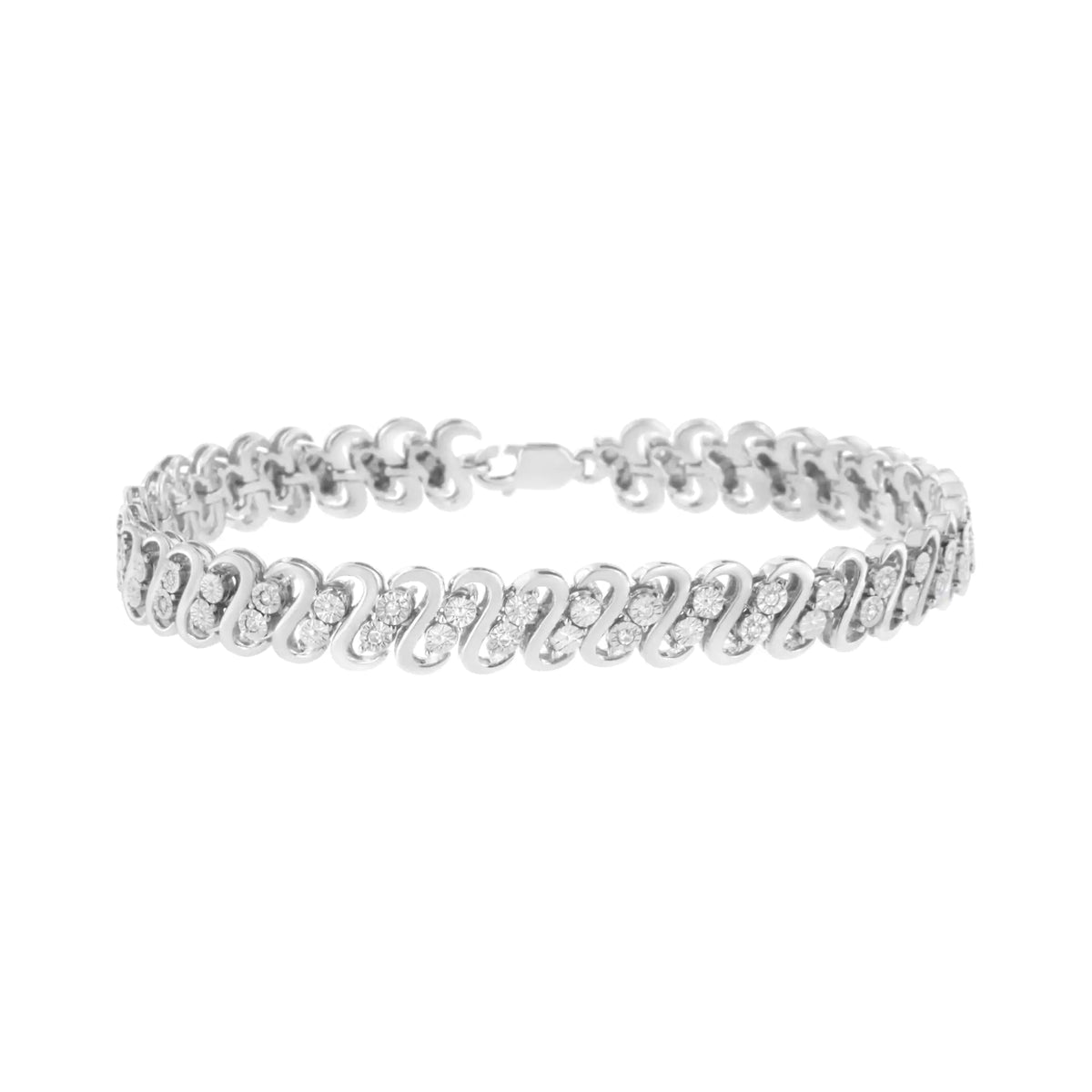 Pulsera de eslabones en forma de S con doble hilera de diamantes de talla redonda de 1/4 cttw en plata de ley 925 (color IJ, claridad I2-I3) - Tamaño 7,25"