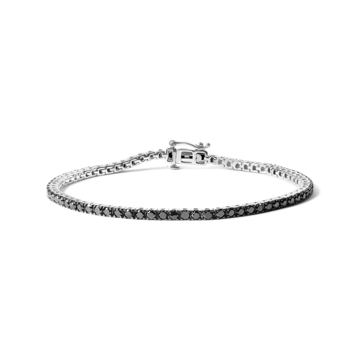 Pulsera clásica de tenis con diamantes de talla redonda negros tratados y engastados en plata de ley 925 de 4 puntas (color negro, claridad I2-I3) - 7,25"