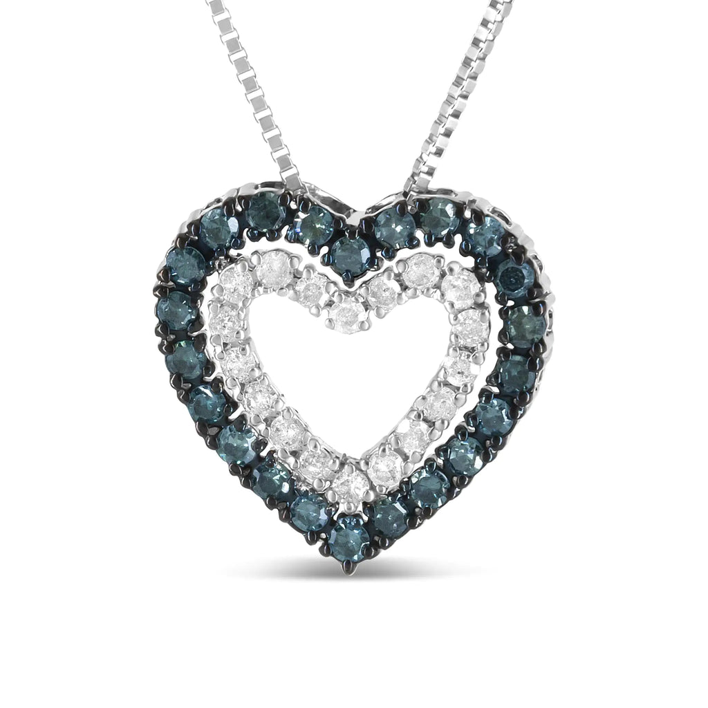 Collier pendentif double cœur en argent sterling 925 traité 1/2 ct avec diamant bleu et blanc de 18 po (couleur bleu/IJ, pureté I2-I3)