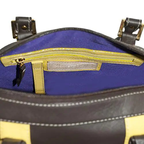 Bolso de mano de cuero Make a Statement: chocolate/amarillo cítrico