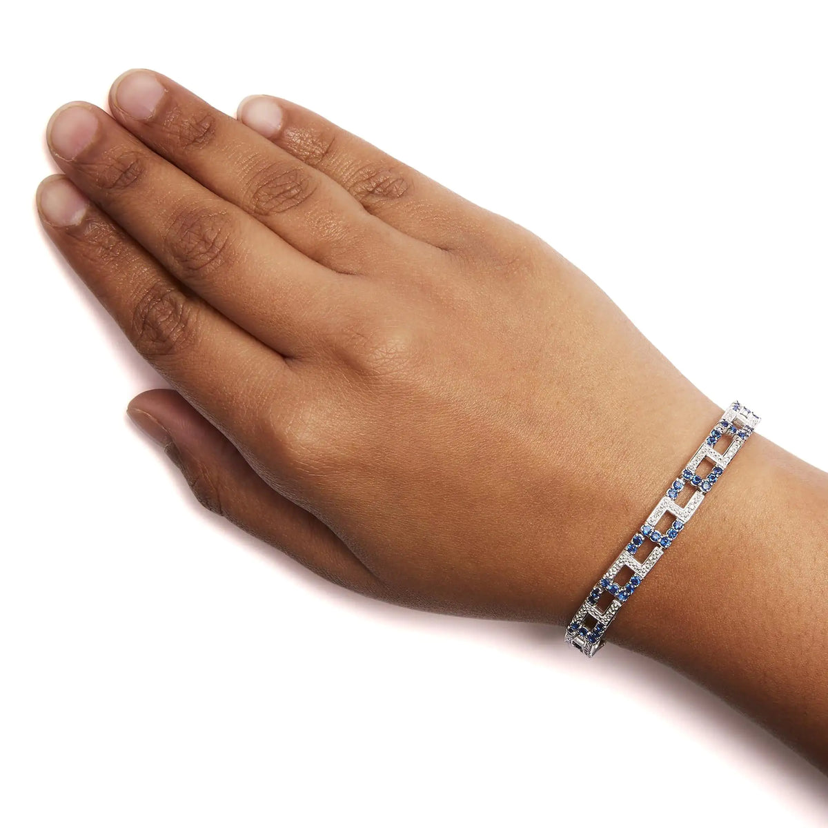 Pulsera de tenis de eslabones abiertos estilo art déco con detalles de diamantes y zafiro azul creado de 4 4/5 quilates en plata esterlina 925 (color IJ, claridad I3) - 7,5 pulgadas