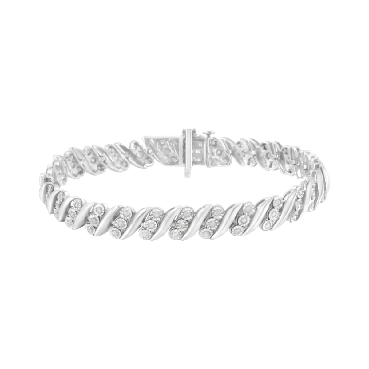 Pulsera de eslabones en forma de "S" con tres diamantes en fila en plata de ley 925 (1 ctw, color IJ, claridad I3) - Tamaño 7,5"