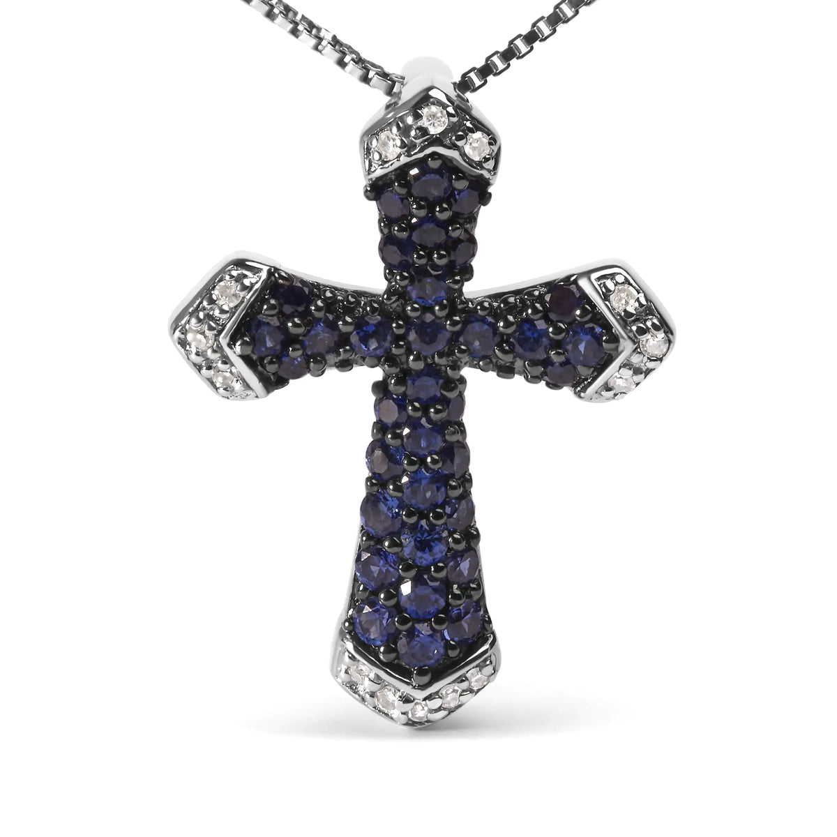 Collar con colgante en forma de cruz con detalles de diamantes blancos y zafiro azul creado de 3/4 quilates en plata de ley 925 (18 in)