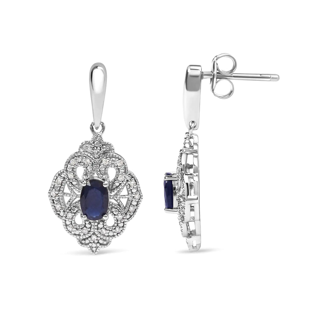 Boucles d'oreilles pendantes de style Art déco en argent sterling 925 avec saphir bleu ovale de 6 x 4 mm et accents de diamants blancs (couleur IJ, clarté I3)