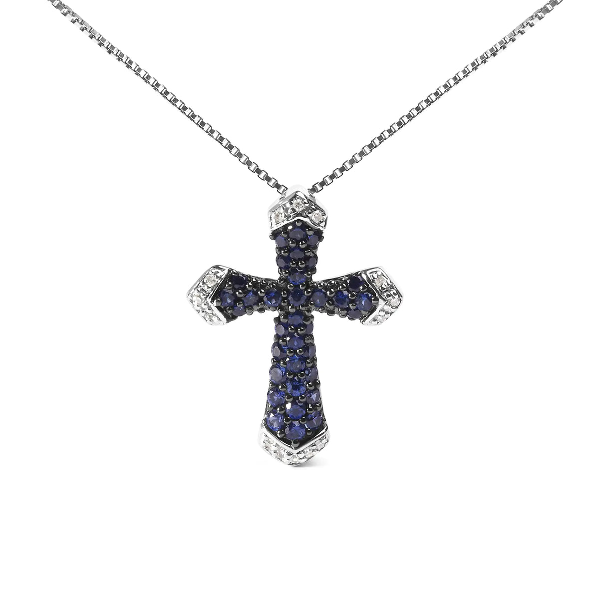 Collar con colgante en forma de cruz con detalles de diamantes blancos y zafiro azul creado de 3/4 quilates en plata de ley 925 (18 in)