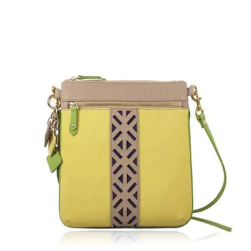 Bolso bandolera de piel Lily, color tostado y amarillo canario