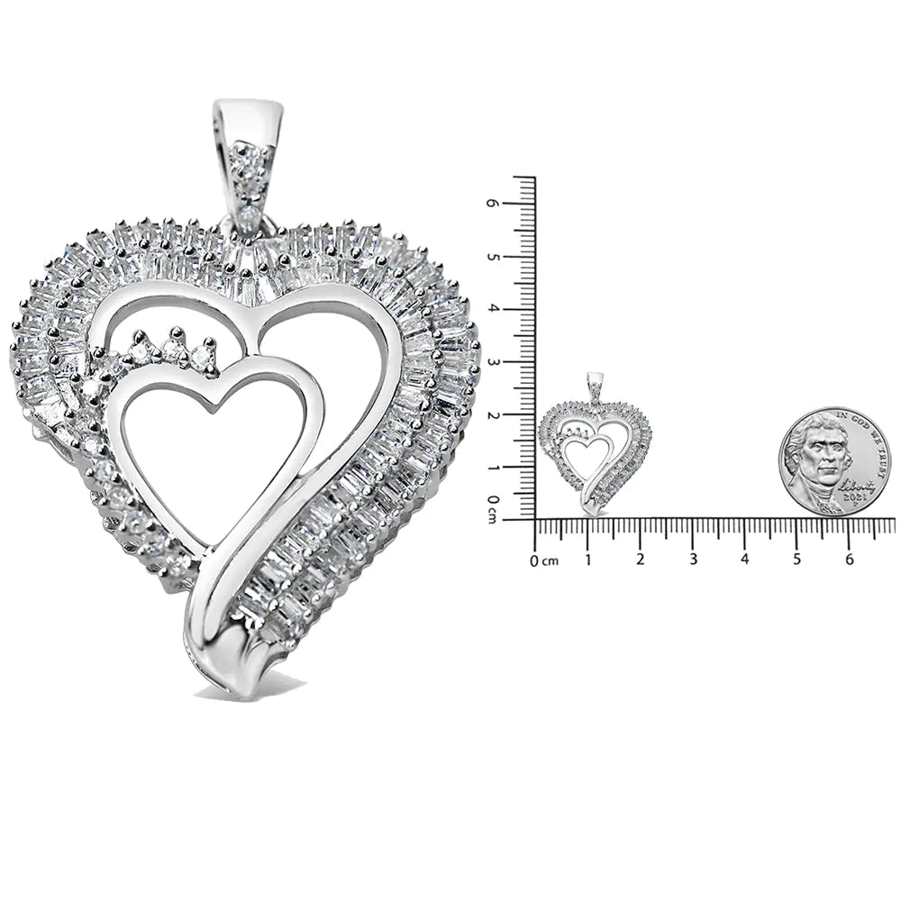 Collar con colgante de corazón doble de diamantes de talla baguette y redondos de 3/4 quilates en plata de ley 925 de 18" (color IJ, claridad I3)