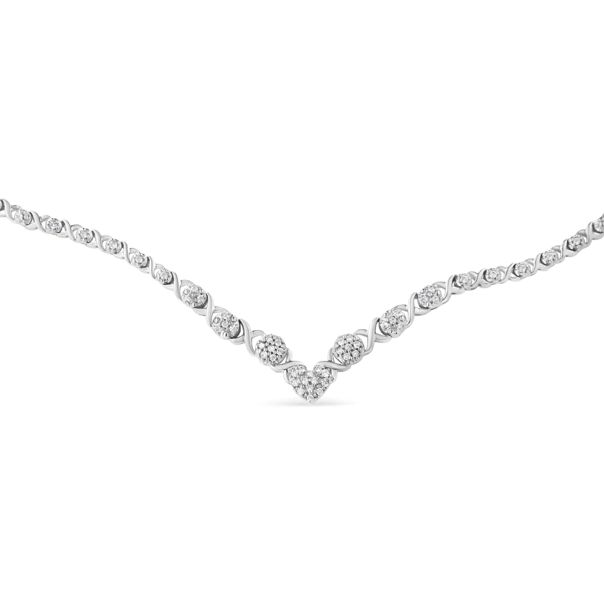 .925 Sterling Silver 1/2 cttw Prong Set Round Diamond Graduated Cluster and Heart Center 18" Statement Necklace (I-J Color, I3 Clarity)