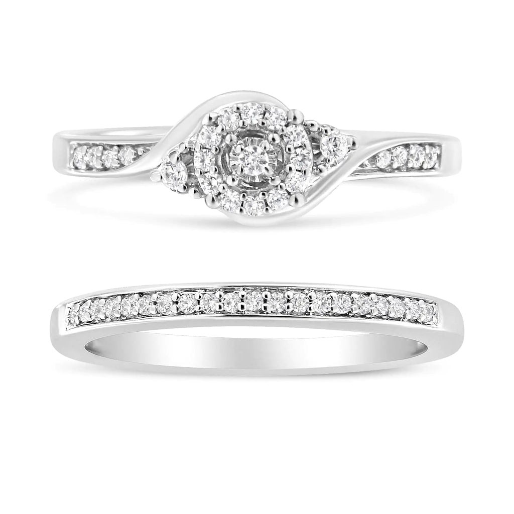 Anillo de compromiso y alianza de boda con halo de diamantes y espiral de 1/4 quilates en plata esterlina 925 (color IJ, claridad I3)