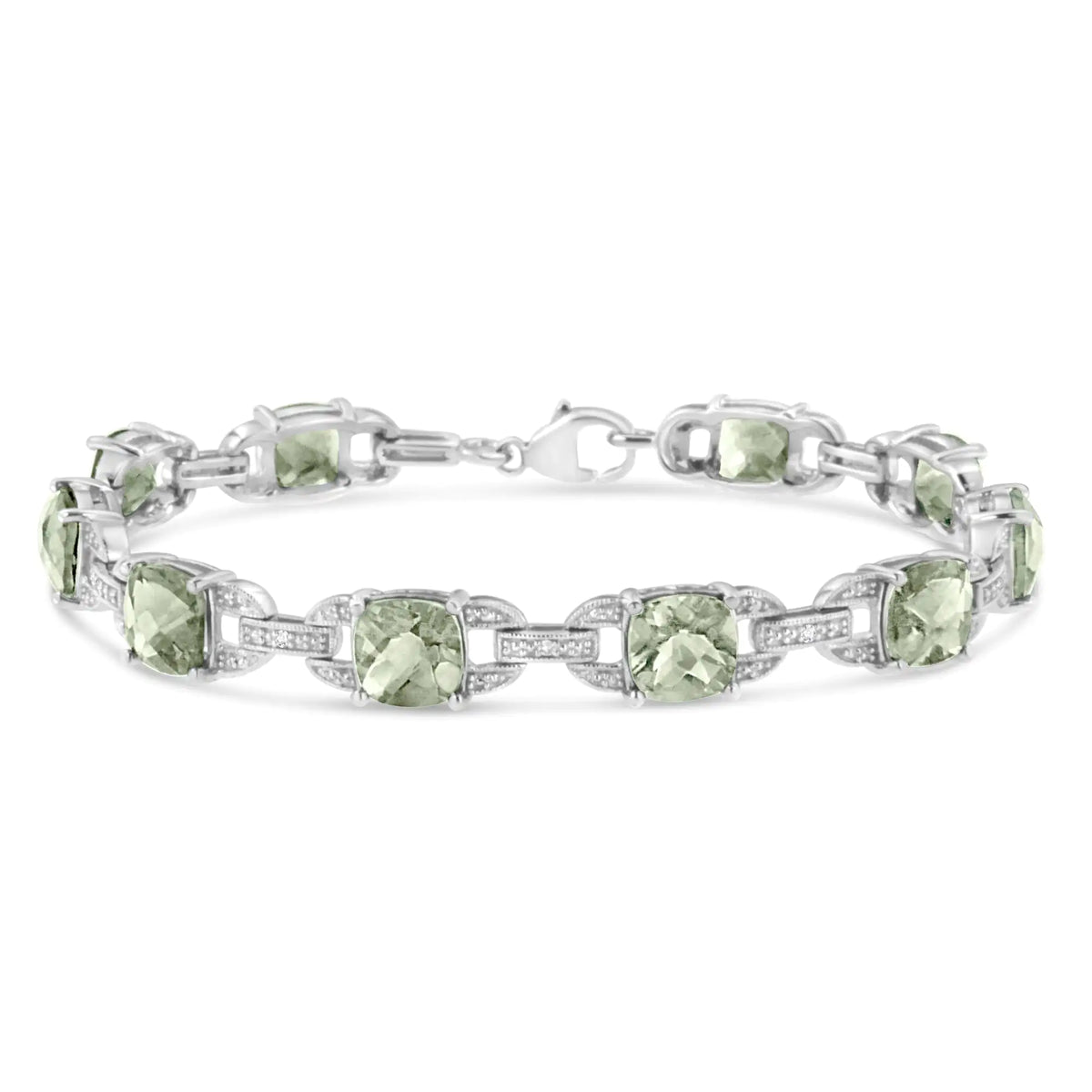 Bracelet de tennis tendance en argent sterling 925 avec améthyste verte taille coussin 7 x 7 mm et diamant taille ronde 1/20 ct (couleur IJ, pureté I1-I2) - 7"