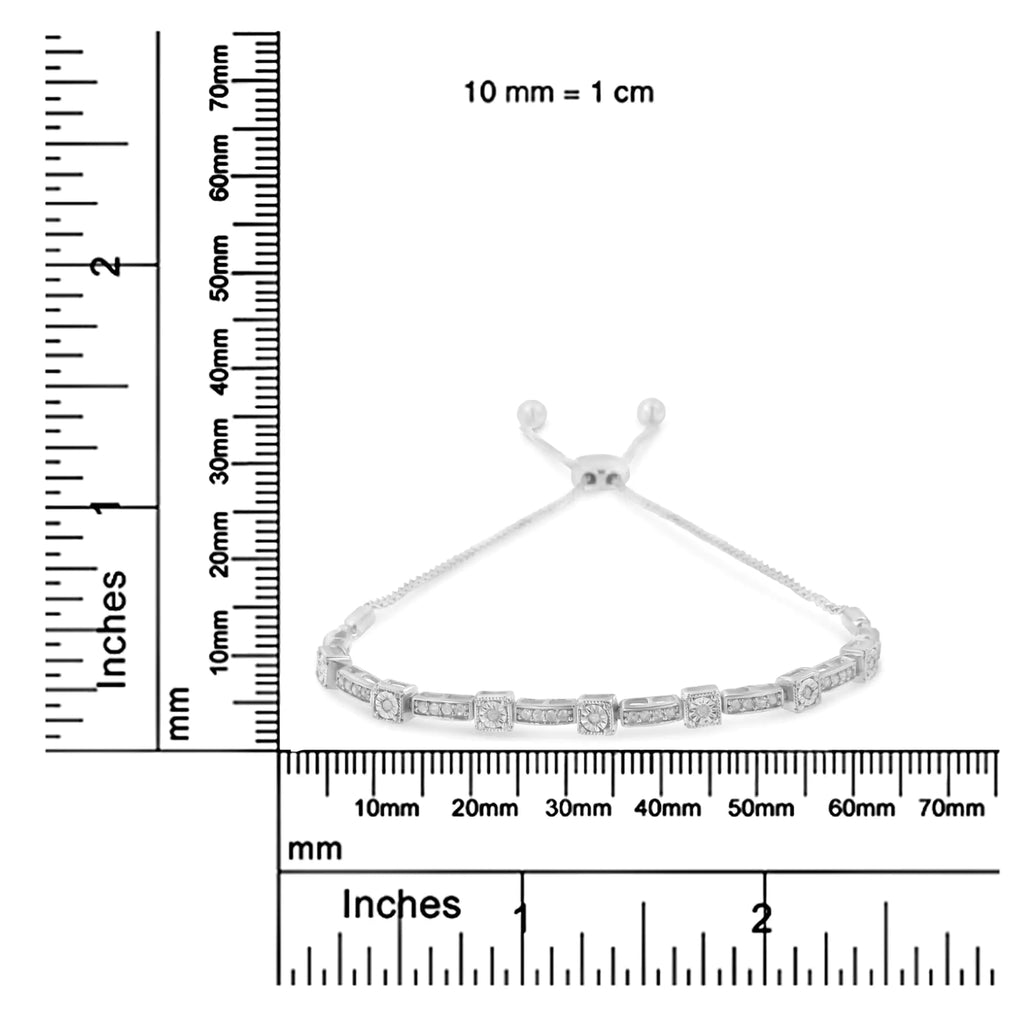 .925 Sterling Silver 1/4 Cttw Diamond 4”-10” Adjustable Bolo Alternating Square and Rectangle Bolo Bracelet (I-J Color, I3 Clarity)
