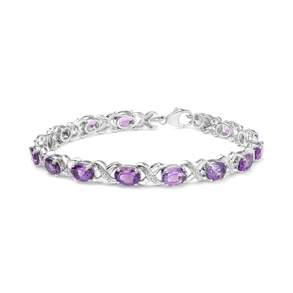 Bracelet à maillons en argent sterling 925 7 x 5 mm avec améthyste ovale et accent de diamant (couleur HI, clarté SI1-SI2) - Taille 7"