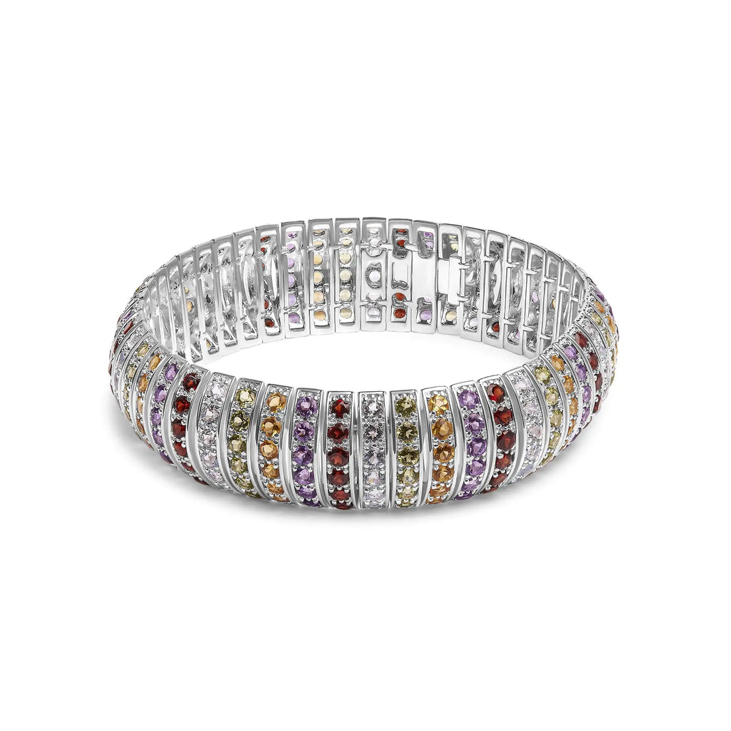 Pulsera de plata de ley 925 con piedras preciosas de arcoíris en varias filas, 7,5 pulgadas