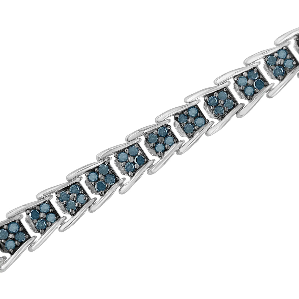 Pulsera de tenis de 7" con eslabones anidados en forma de abanico y diamantes azules tratados de 2 ct en plata esterlina 925 (color azul, claridad I3) - Tamaño 7"