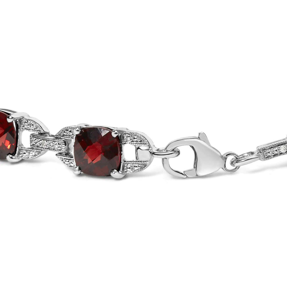 Bracelet à maillons de tennis tendance en argent sterling 925 7 x 7 mm avec coussin à carreaux et accents de diamants et grenat rouge (couleur IJ, clarté I1-I2) - Taille 7" pouces