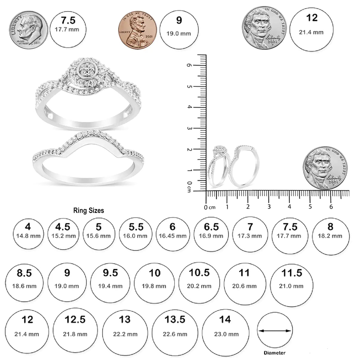Anillo y banda nupcial con halo compuesto de diamantes de 1/6 quilates y cuerpo dividido en plata esterlina 925 (color IJ, claridad I3)