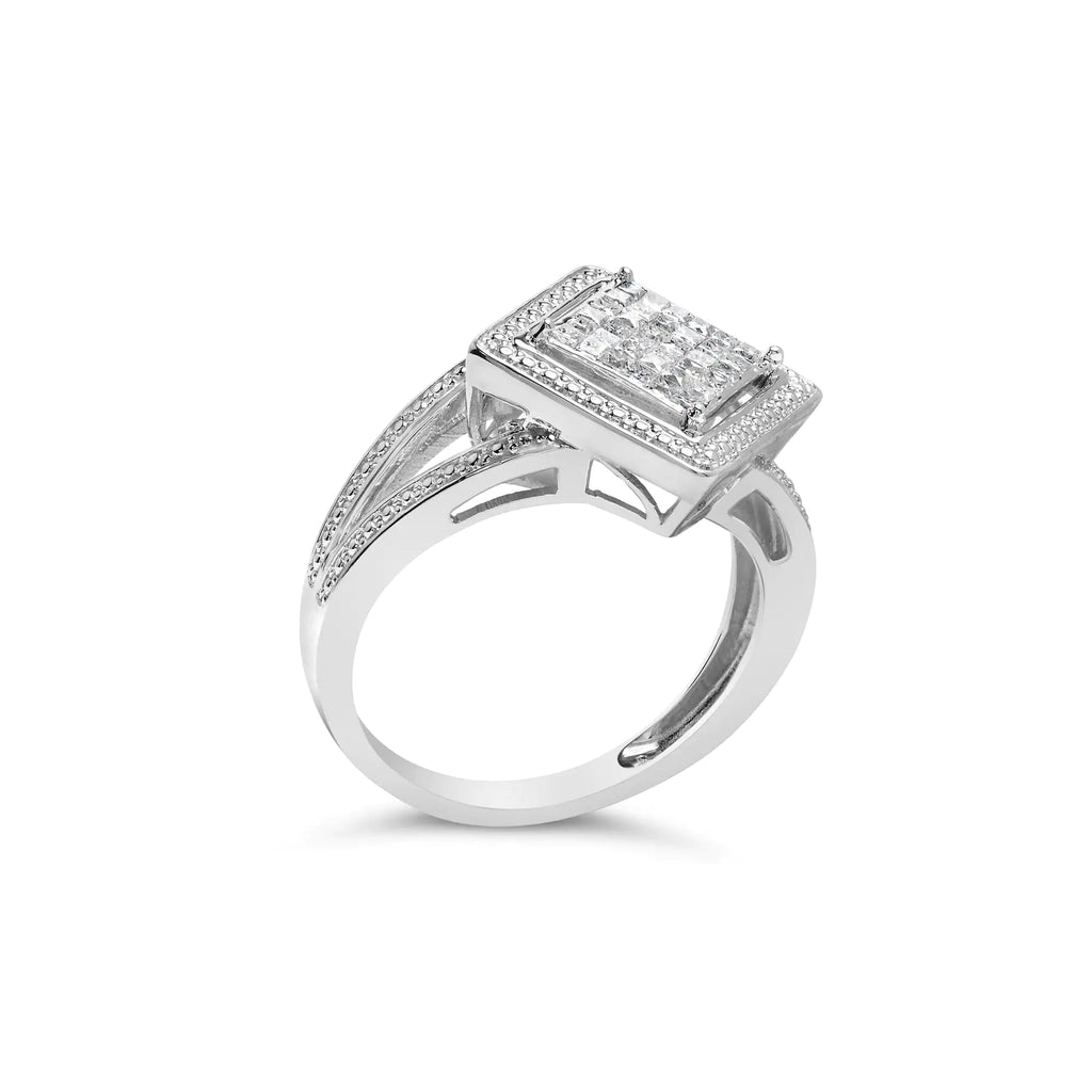 Bague en argent sterling 925 avec diamants taille princesse invisibles de 1/3 ct et halo perlé (couleur HI, clarté SI1-SI2)