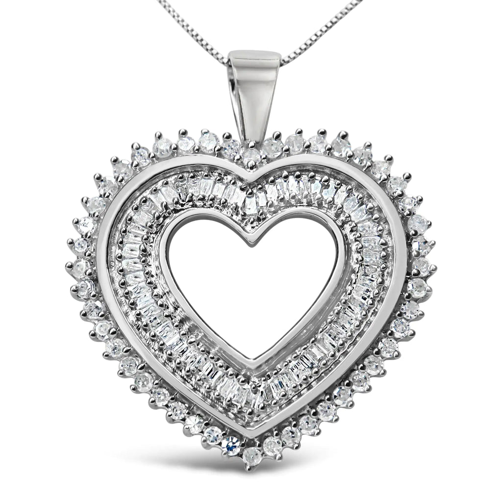 Collar con colgante de corazón de diamantes redondos y baguette de 1,0 ct en plata de ley 925 de 18" (color HI, claridad I3)