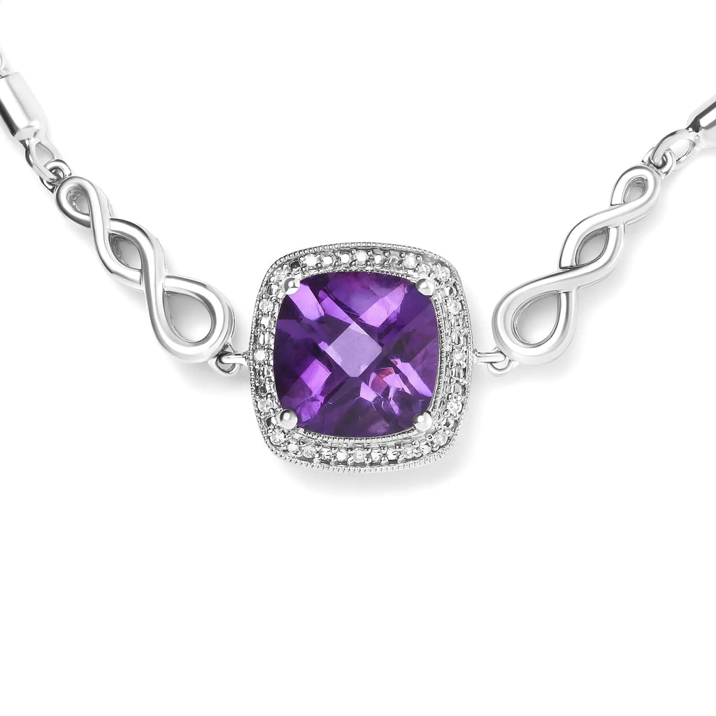 Pulsera bolo ajustable de 10 a 25 cm con amatista de talla cojín de 10 mm y detalles de diamantes en plata de ley 925 (color HI, claridad SI1-SI2)