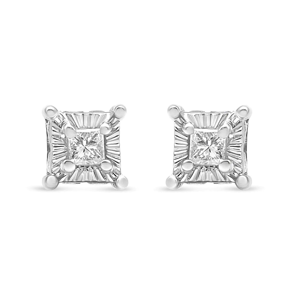 Boucles d'oreilles à tige en argent sterling 925 avec diamant solitaire taille princesse Miracle Set 1/4 ct et halo caché (couleur IJ, pureté SI2-I1)