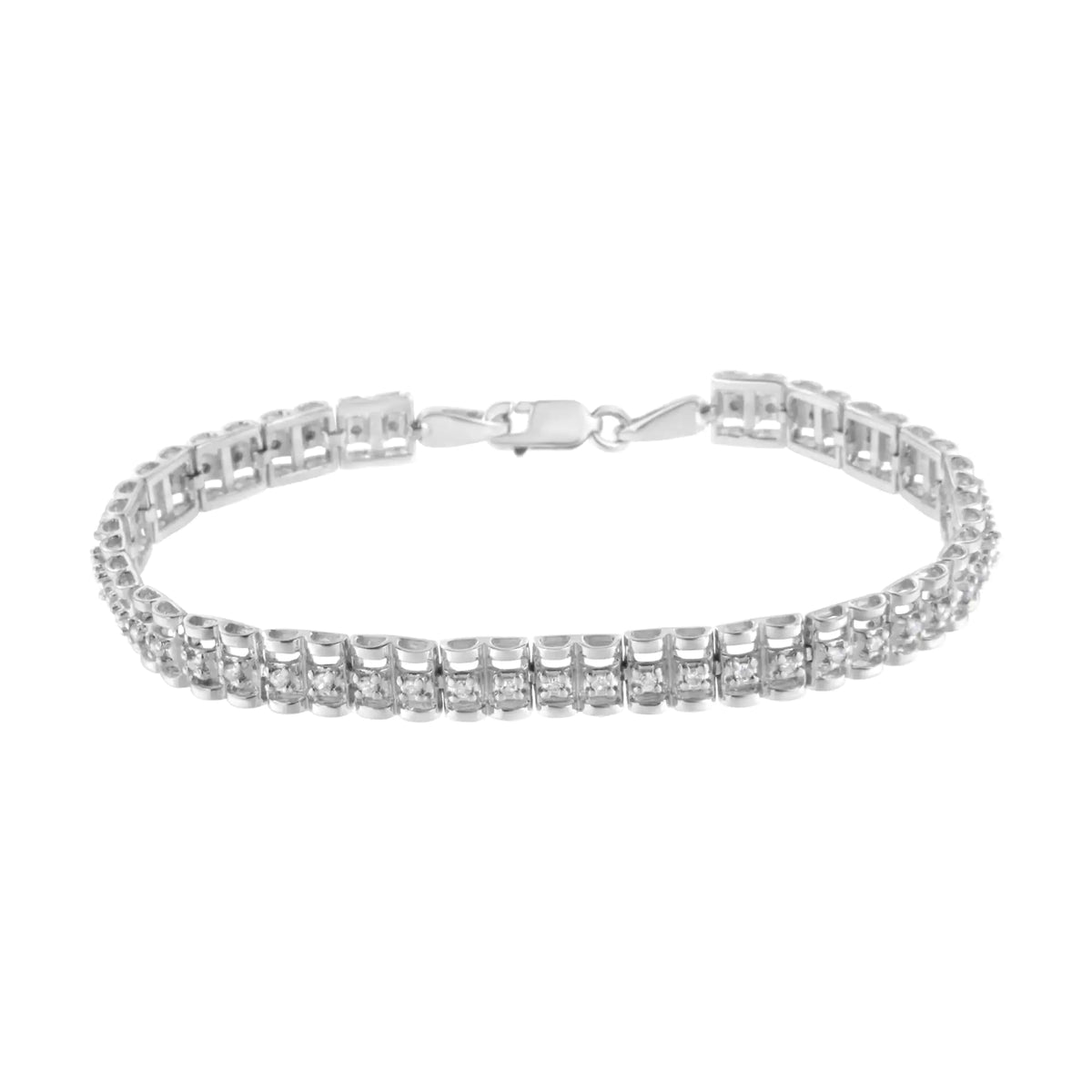 Pulsera de tenis de doble eslabón con diamantes de talla redonda de 1/4 cttw en plata esterlina 925 (claridad IJ, color I2-I3) - Tamaño 7"