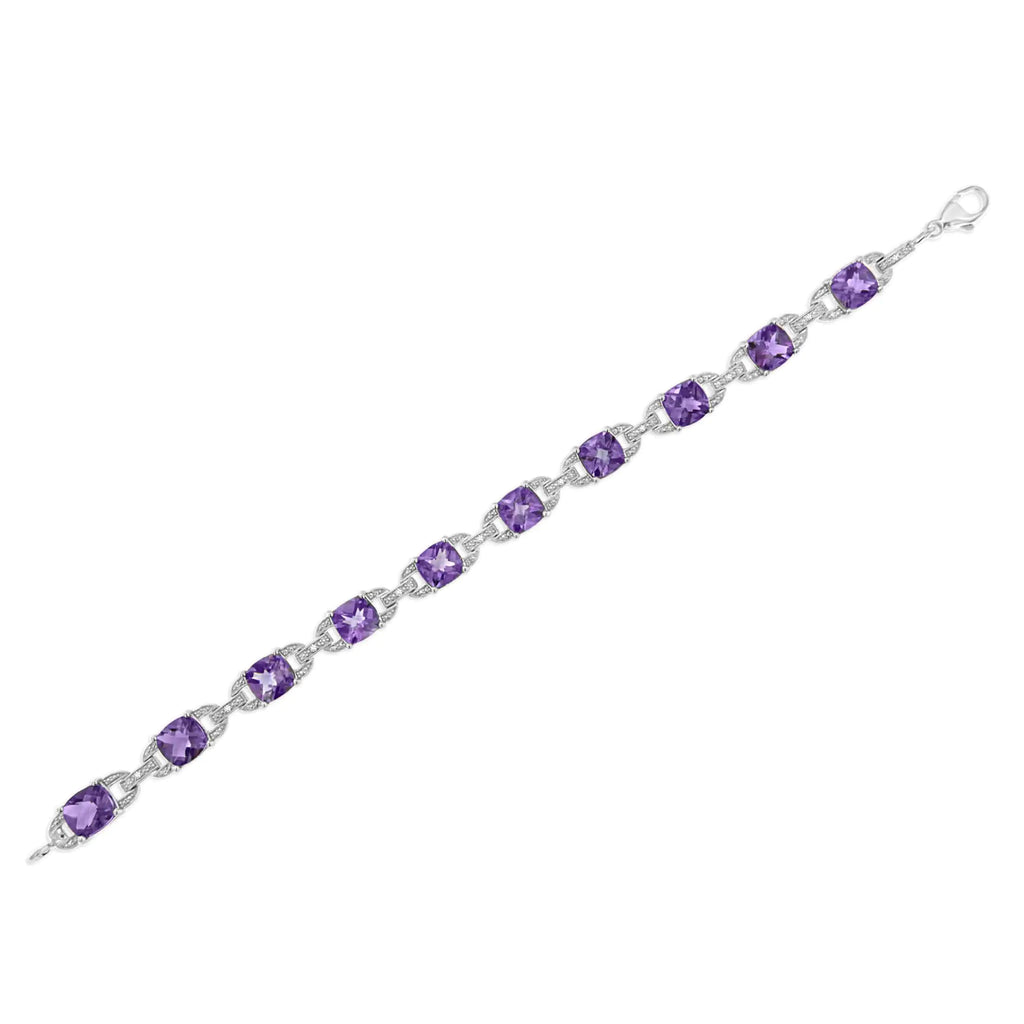 Bracelet à maillons tennis en argent sterling 925 avec améthyste taille coussin de 7 mm et diamant (couleur IJ, clarté I1-I2) - Taille 7"