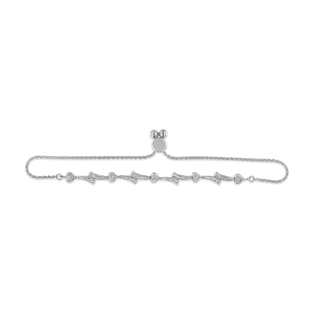 Pulsera bolo con eslabones en forma de corazón y ondas con detalles de diamantes en plata de ley 925 (color IJ, claridad I2-I3) - Ajustable de 6" a 9"