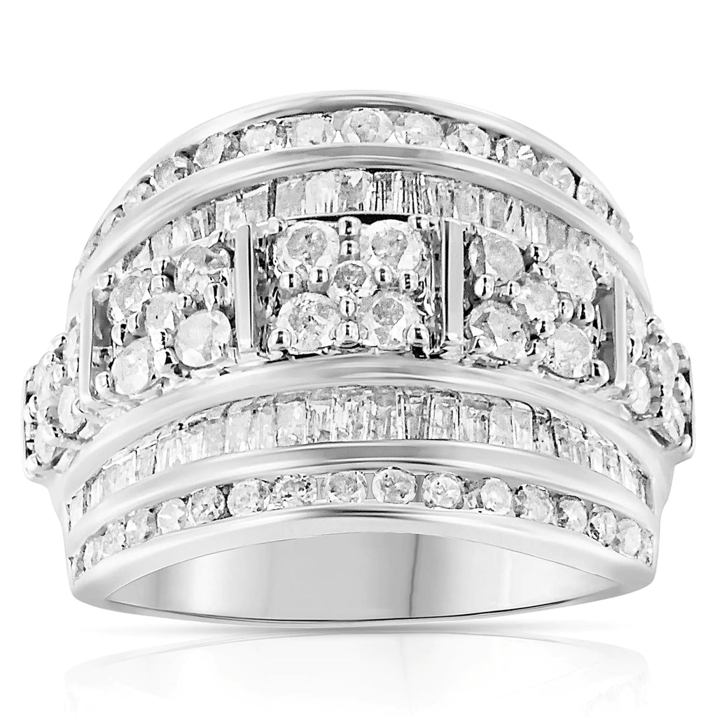 Anillo de cóctel de moda cónico con diamantes de talla baguette y redonda de 2,0 ct en plata esterlina 925 con múltiples filas y engaste en canal (color IJ, claridad I3)
