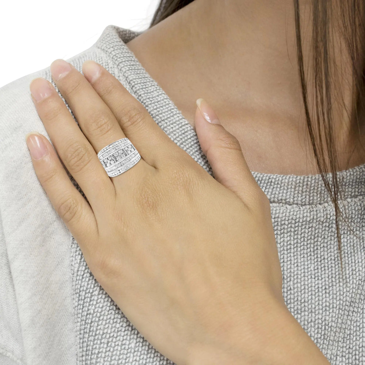 Anillo de cóctel de moda cónico con diamantes de talla baguette y redonda de 2,0 ct en plata esterlina 925 con múltiples filas y engaste en canal (color IJ, claridad I3)