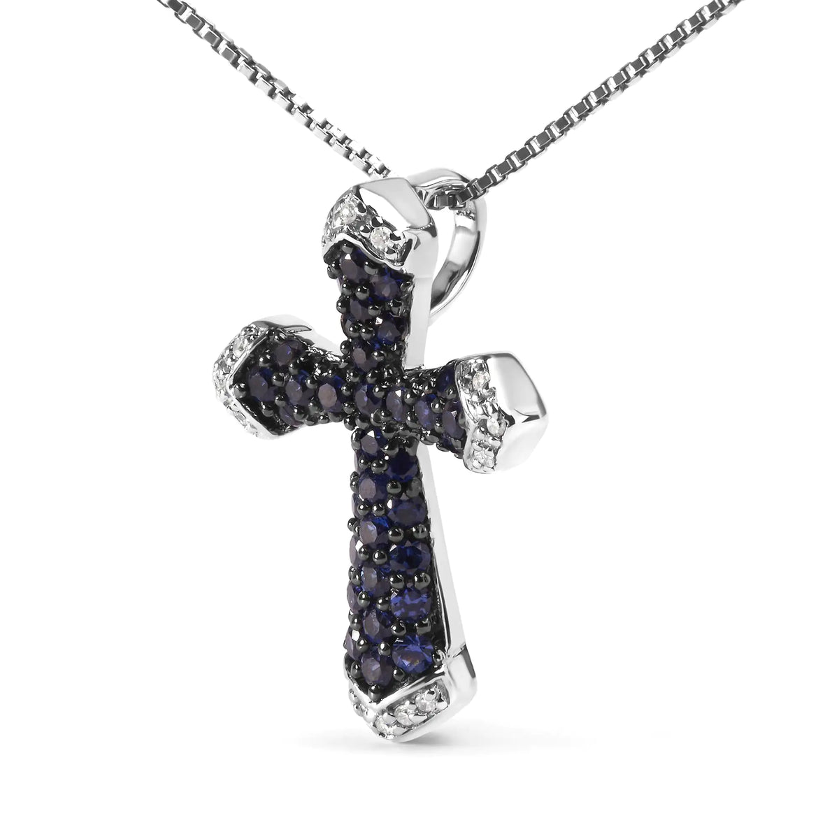 Collar con colgante en forma de cruz con detalles de diamantes blancos y zafiro azul creado de 3/4 quilates en plata de ley 925 (18 in)