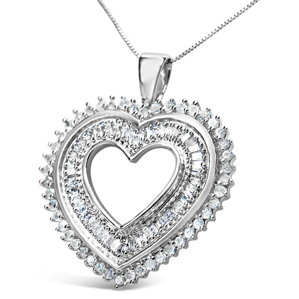 Collar con colgante de corazón de diamantes redondos y baguette de 1,0 ct en plata de ley 925 de 18" (color HI, claridad I3)