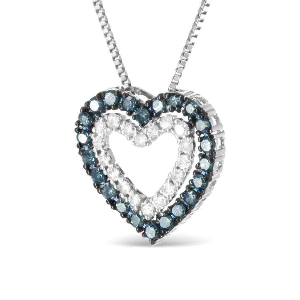 Collier pendentif double cœur en argent sterling 925 traité 1/2 ct avec diamant bleu et blanc de 18 po (couleur bleu/IJ, pureté I2-I3)