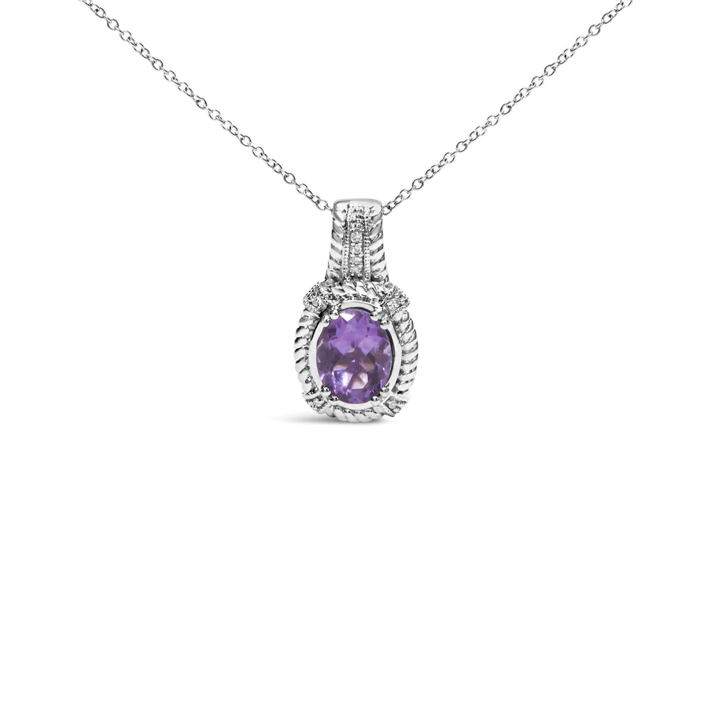 Collier pendentif tendance en argent sterling 925 avec améthyste violette ovale de 9 x 7 mm et accent de diamant rond de 45,7 cm (couleur IJ, clarté I1-I2)