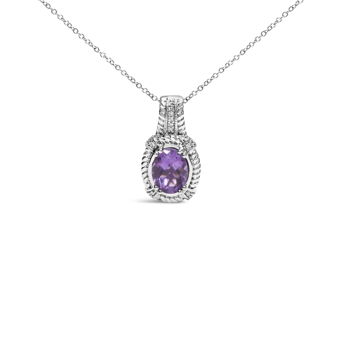 Collier pendentif tendance en argent sterling 925 avec améthyste violette ovale de 9 x 7 mm et accent de diamant rond de 45,7 cm (couleur IJ, clarté I1-I2)