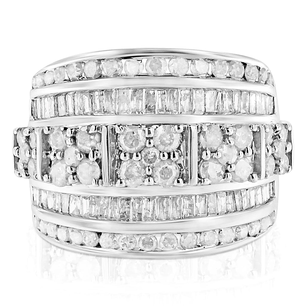 Anillo de cóctel de moda cónico con diamantes de talla baguette y redonda de 2,0 ct en plata esterlina 925 con múltiples filas y engaste en canal (color IJ, claridad I3)