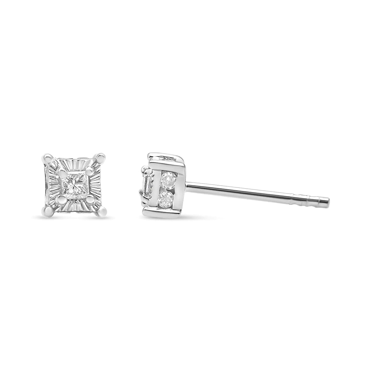 Aros solitarios de diamantes de talla princesa engastados en plata de ley 925 de 1/4 ct con halo oculto (color IJ, claridad SI2-I1)